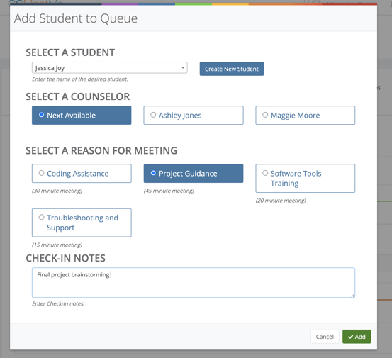 Add a Student to the Live Queue 