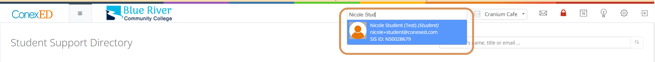 Search bar showing a dropdown result for a student search in the Student Support Directory.