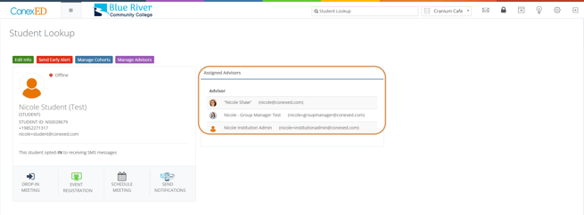 Student profile screen showing the "Assigned Advisors" section with a list of three assigned advisors.