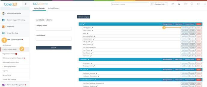 The left-hand panel includes options such as "CRM & Cohort Center" with subsections like "Cohort Admin Center." Each cohort has options to "Edit Cohort," "Archive," or "Delete" along the right-hand side. There are buttons at the top to "+ Create Category," "+ Add Cohort," and "+ Import Cohort."