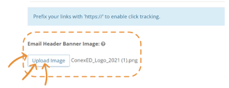 Upload section for adding an email header banner image with an uploaded file displayed.