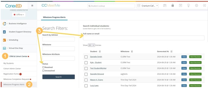 The 'Milestone Progress Alerts' page provides a user-friendly interface for tracking and managing student milestones. On the left, a sidebar contains navigation options, including access to the 'CRM & Cohort Center' and 'Milestone Progress Alerts.' The main section offers search filters that allow users to filter milestones by advisor, specific milestones, milestone attributes, or status (resolved or unresolved). There is also a search field for individual students by name or email. Below the search section, a list of students and their milestones, with associated timestamps, is displayed. Each entry includes options to either view the milestone details or mark it as resolved.