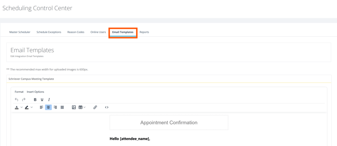Email Templates in Scheduling Control Center 