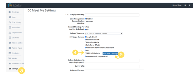 In the left-hand menu, select the Settings tab. Under "SSO Login Buttons," check the box next to SAML2/Shibboleth to enable SAML2 authentication. Then, click Edit SAML2 Settings.