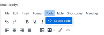 Close-up view of the email editor toolbar in ConexED. The "Tools" menu is open, and the "Source code" option is highlighted in a blue tooltip. This allows users to view or edit the email body in HTML format.